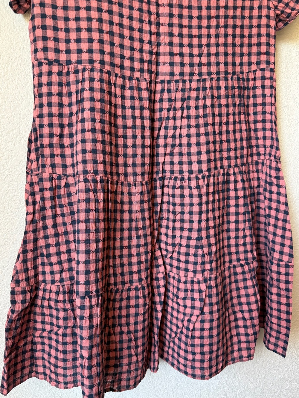 Madewell Short Sleeve Tiered Mini Dress Pink Navy Gingham Check, Like New, XS - Picture 8 of 16